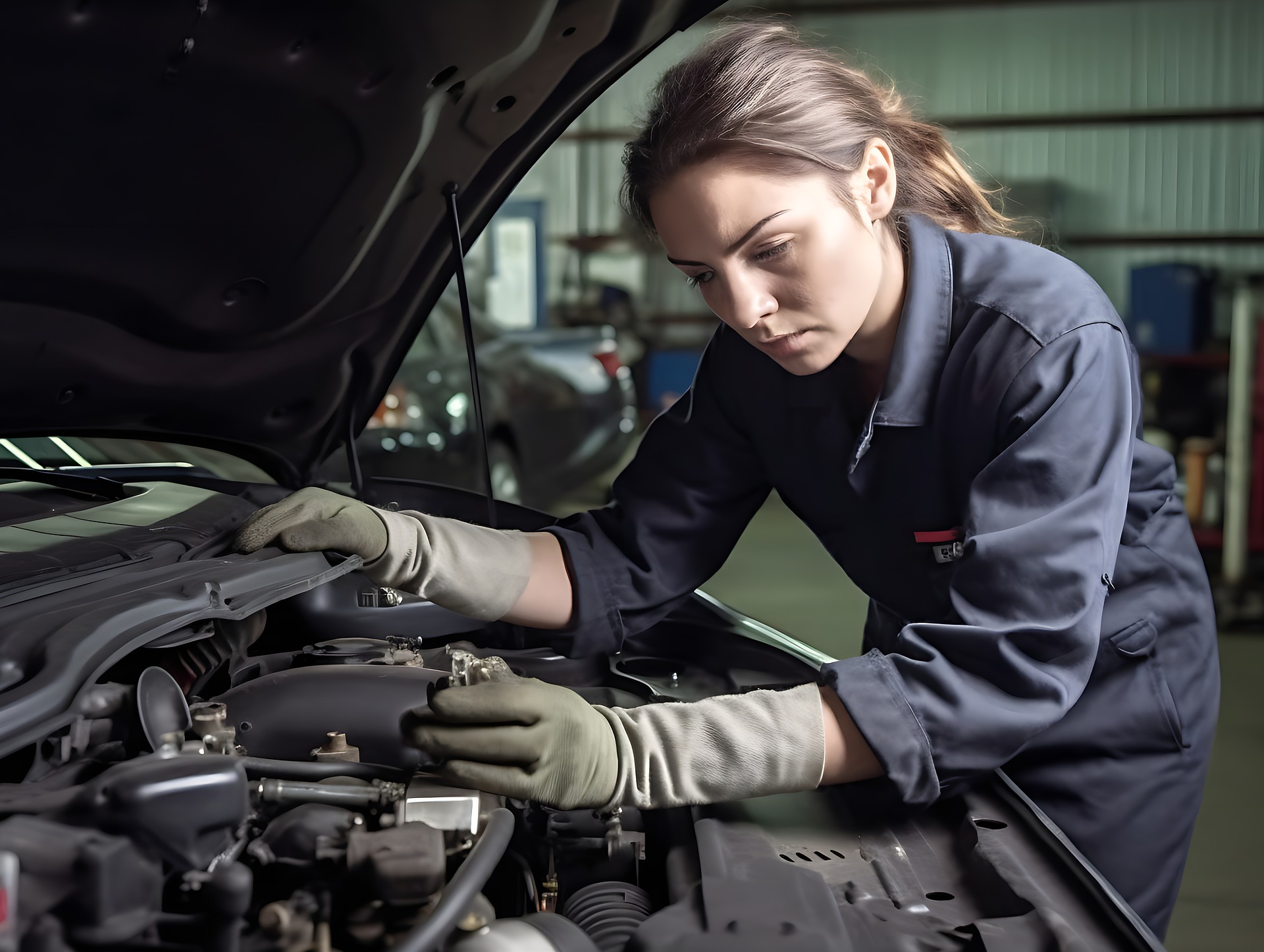 Automechanikerin prüft Auto